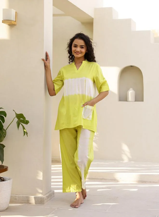 Sanskrutihomes  Women Yellow Tie and Dyed Pure Cotton Night suit for Women | Best Price UAE